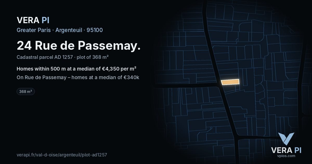 24 Rue de Passemay, Argenteuil at night – the plot lit, the parcels around coloured by the prices near them