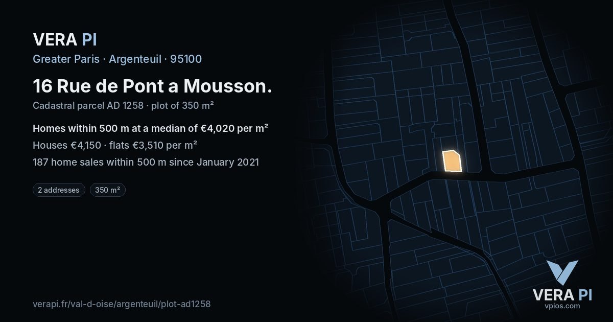 16 Rue de Pont a Mousson, Argenteuil at night – the plot lit, the parcels around coloured by the prices near them