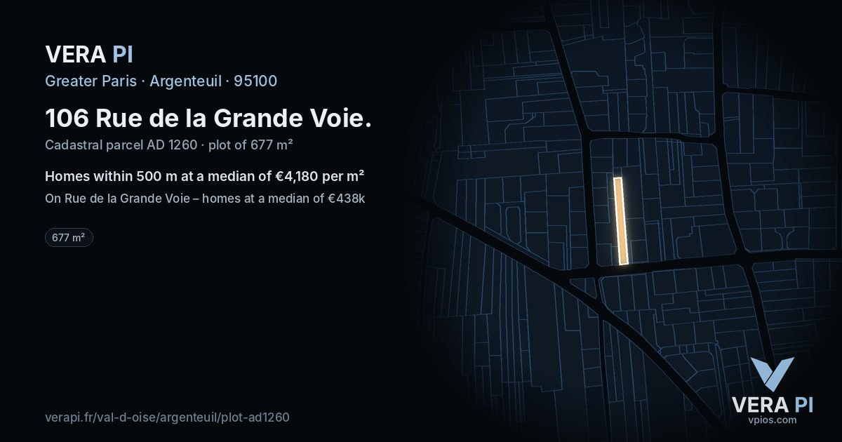 106 Rue de la Grande Voie, Argenteuil at night – the plot lit, the parcels around coloured by the prices near them