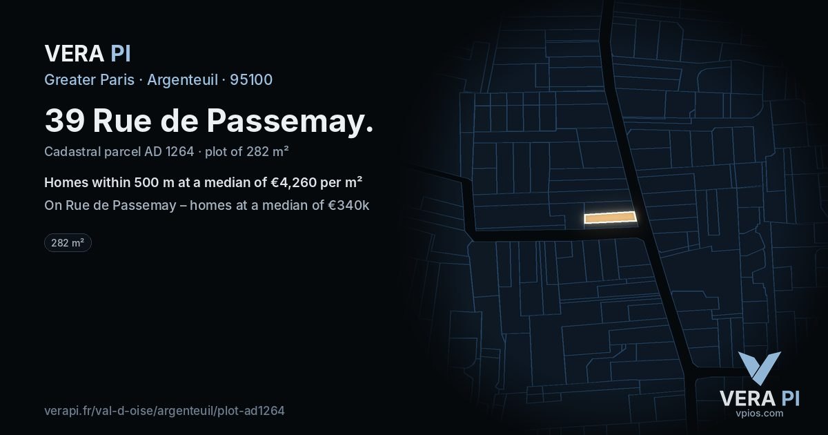 39 Rue de Passemay, Argenteuil at night – the plot lit, the parcels around coloured by the prices near them