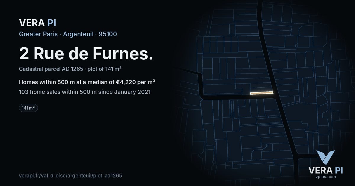 2 Rue de Furnes, Argenteuil at night – the plot lit, the parcels around coloured by the prices near them