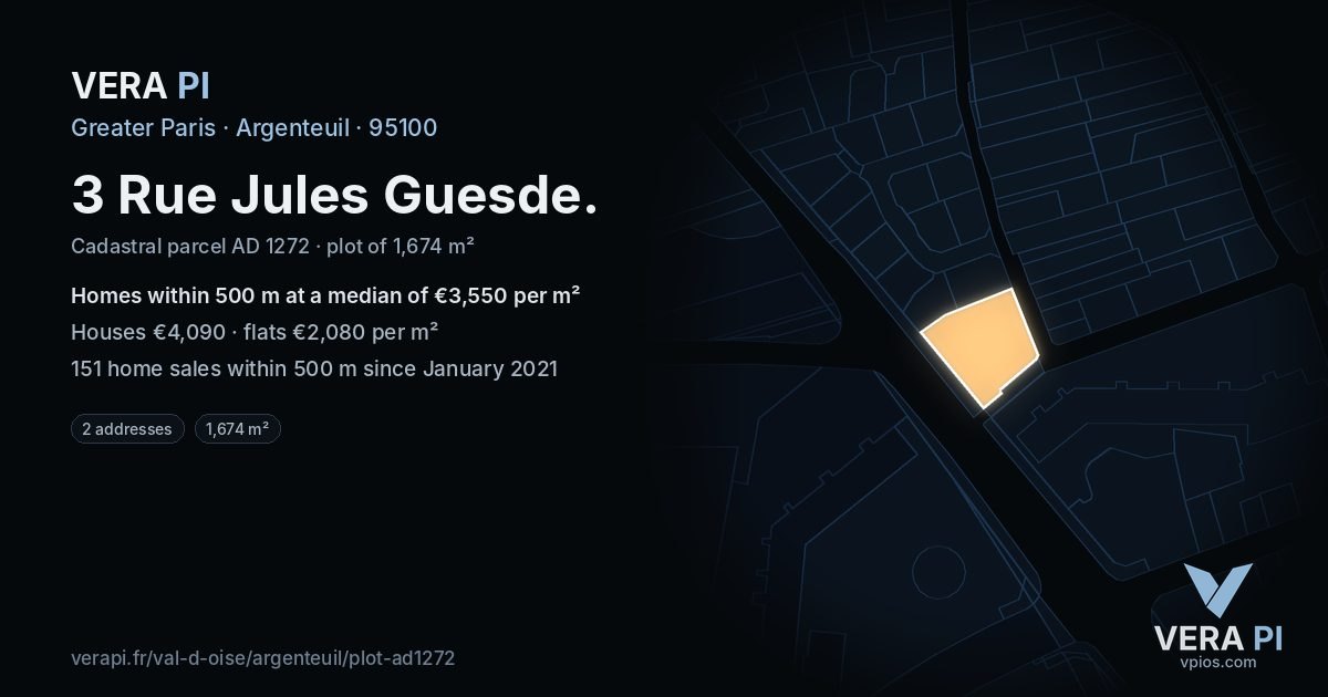 3 Rue Jules Guesde, Argenteuil at night – the plot lit, the parcels around coloured by the prices near them