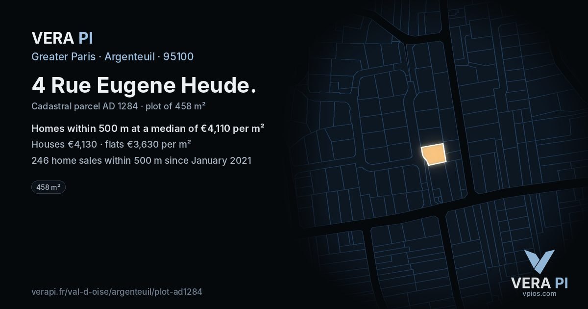 4 Rue Eugene Heude, Argenteuil at night – the plot lit, the parcels around coloured by the prices near them