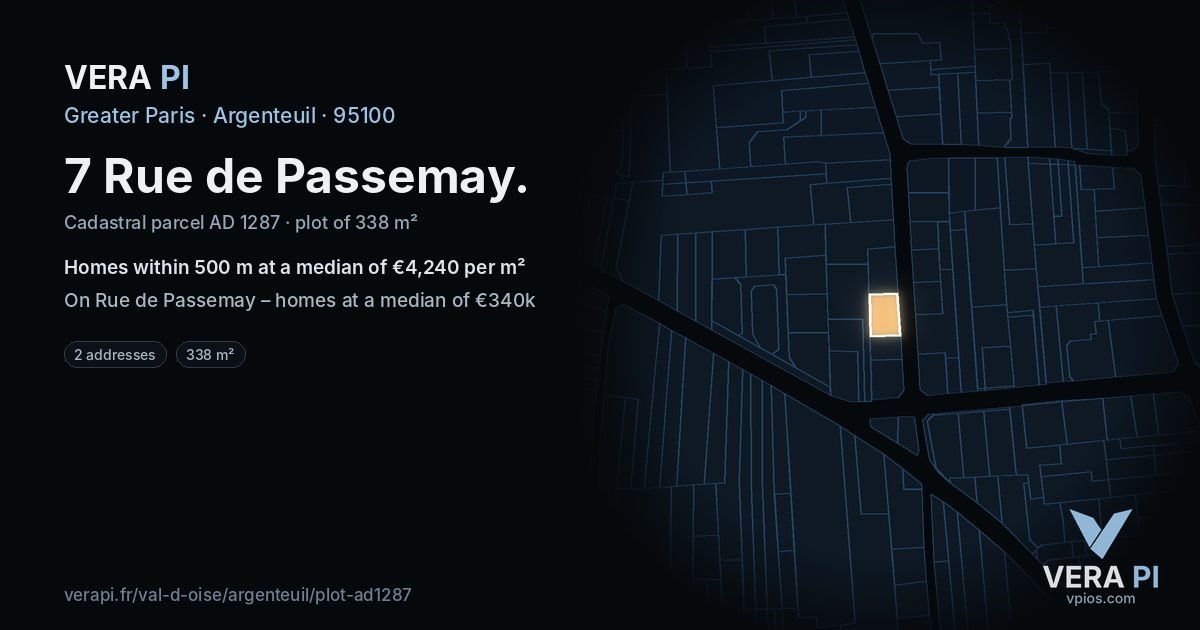 7 Rue de Passemay, Argenteuil at night – the plot lit, the parcels around coloured by the prices near them