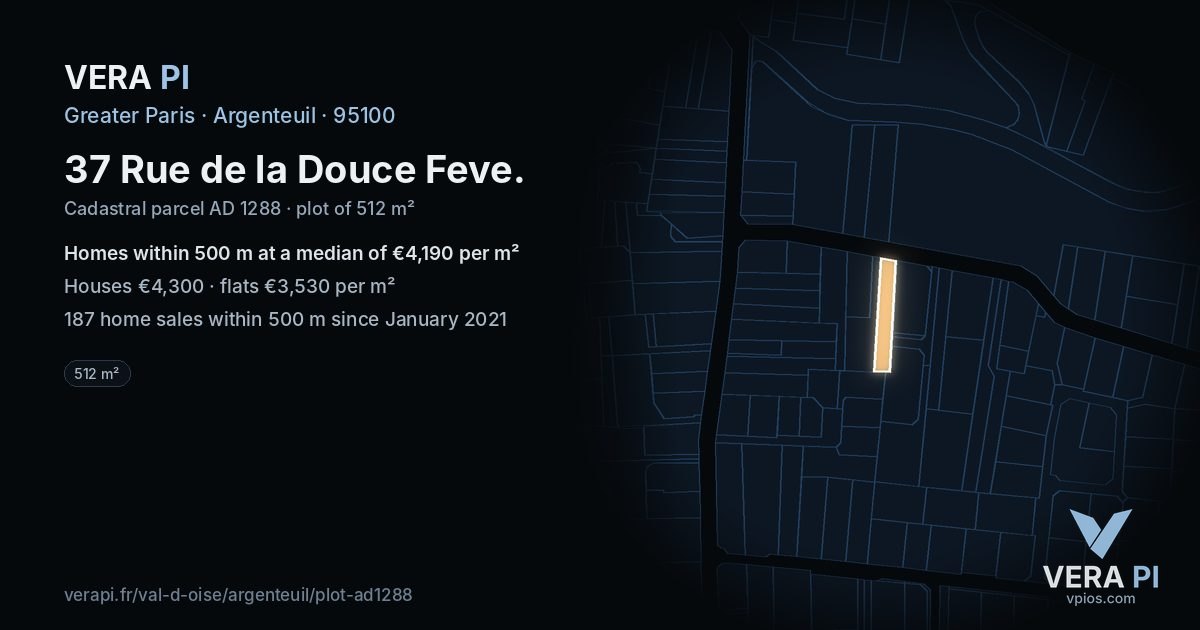 37 Rue de la Douce Feve, Argenteuil at night – the plot lit, the parcels around coloured by the prices near them
