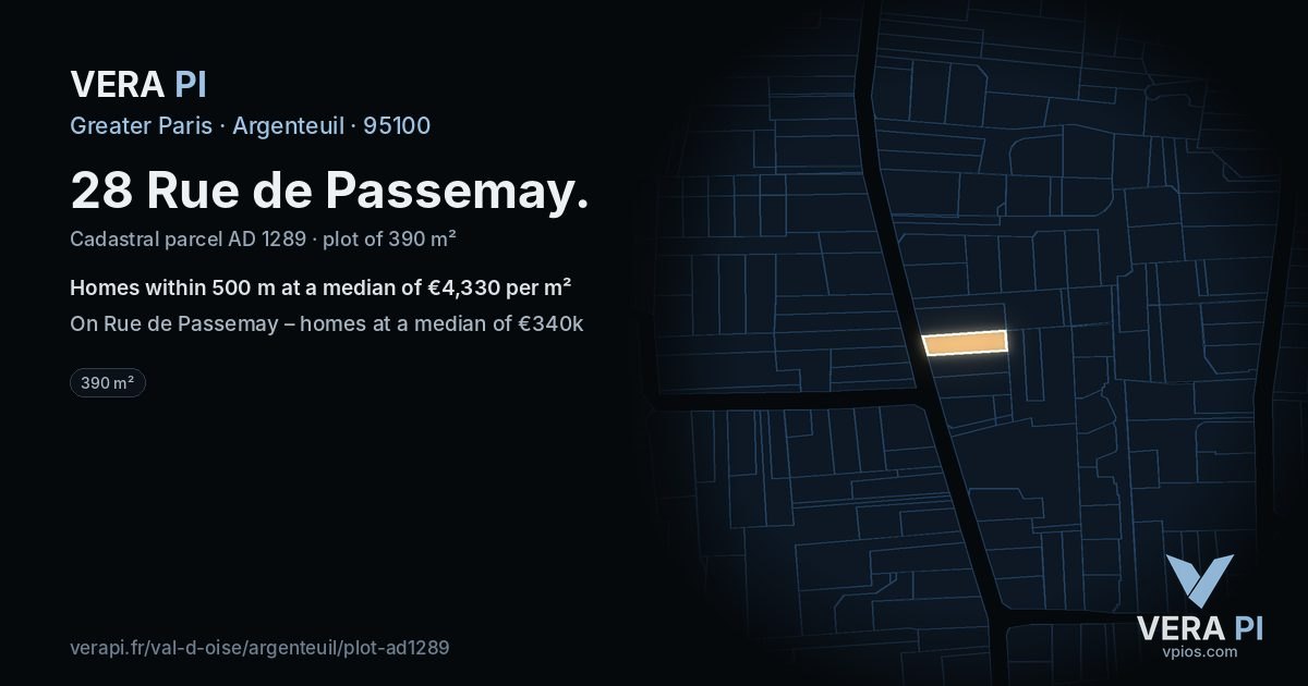 28 Rue de Passemay, Argenteuil at night – the plot lit, the parcels around coloured by the prices near them