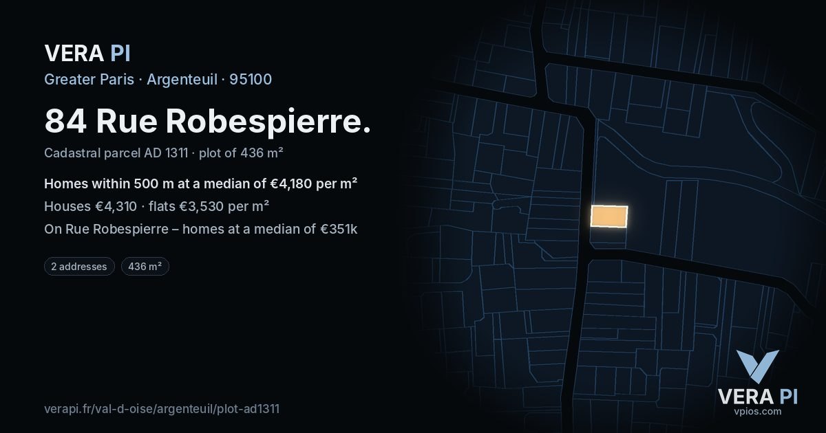 84 Rue Robespierre, Argenteuil at night – the plot lit, the parcels around coloured by the prices near them