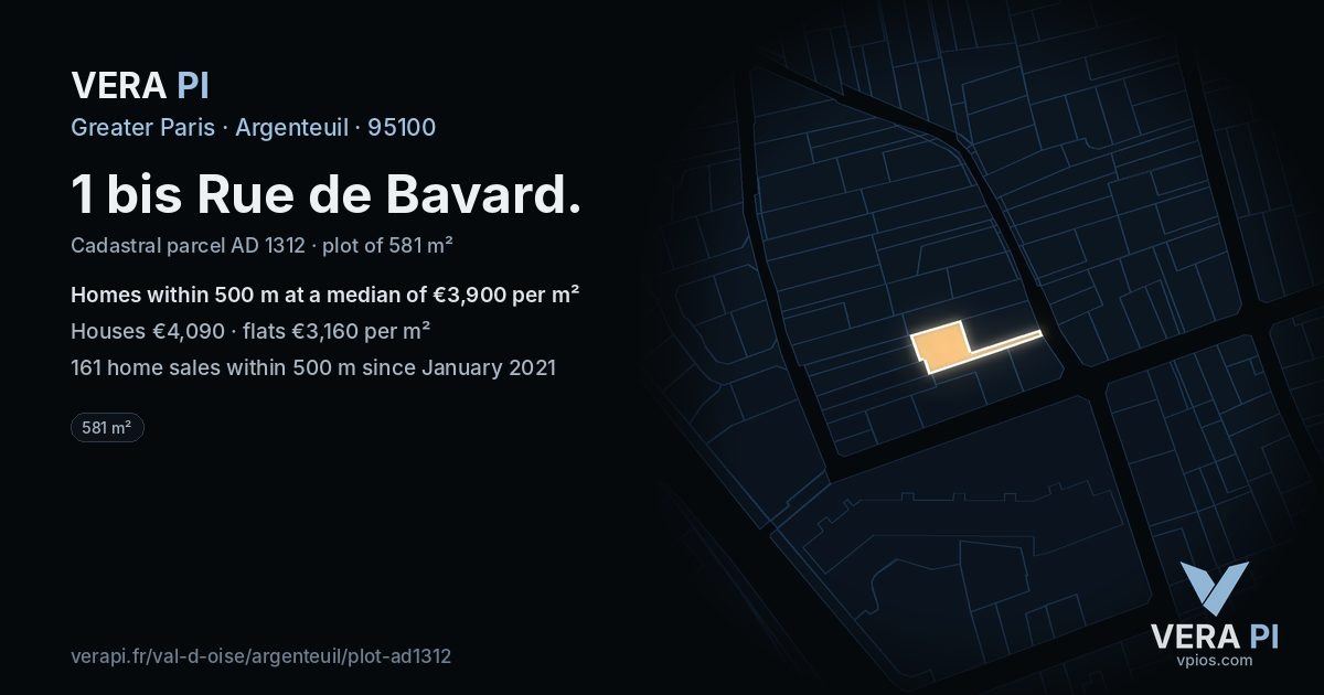 1 bis Rue de Bavard, Argenteuil at night – the plot lit, the parcels around coloured by the prices near them