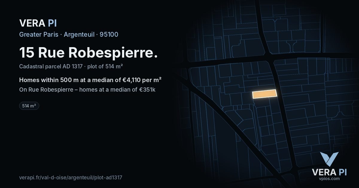 15 Rue Robespierre, Argenteuil at night – the plot lit, the parcels around coloured by the prices near them