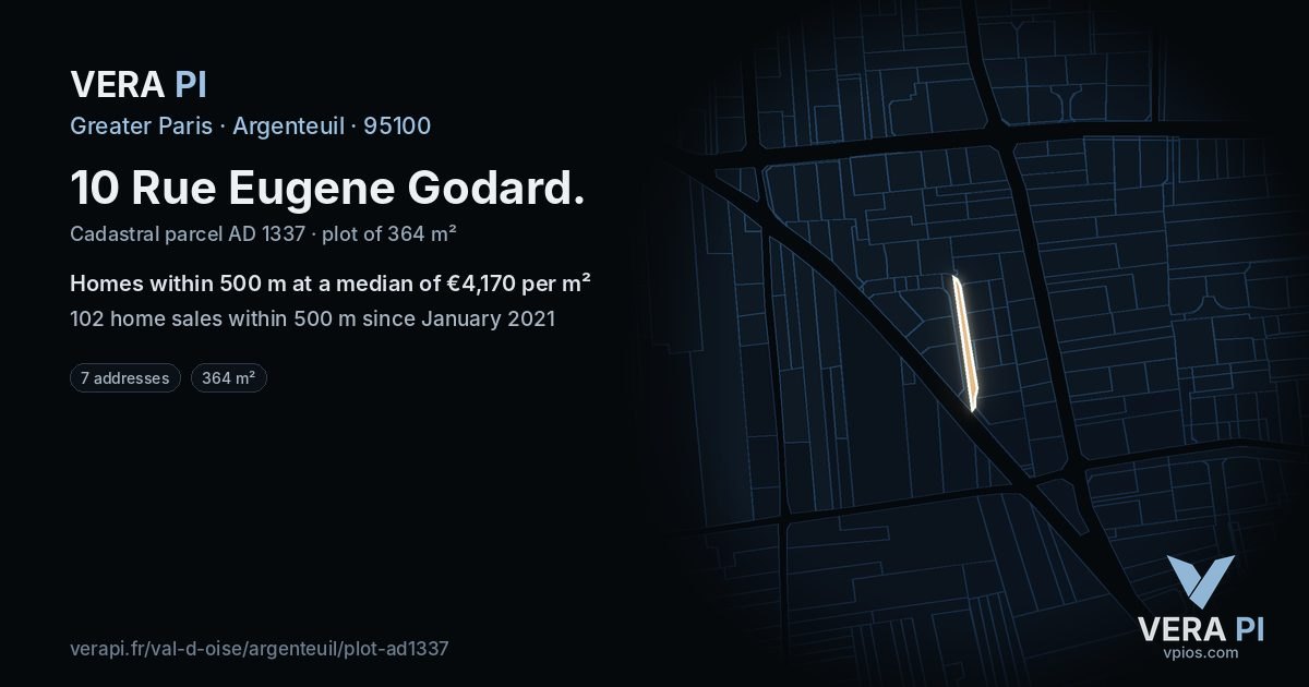 10 Rue Eugene Godard, Argenteuil at night – the plot lit, the parcels around coloured by the prices near them