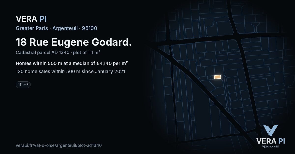 18 Rue Eugene Godard, Argenteuil at night – the plot lit, the parcels around coloured by the prices near them