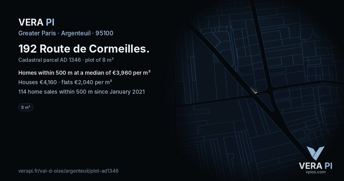 192 Route de Cormeilles, Argenteuil at night – the plot lit, the parcels around coloured by the prices near them