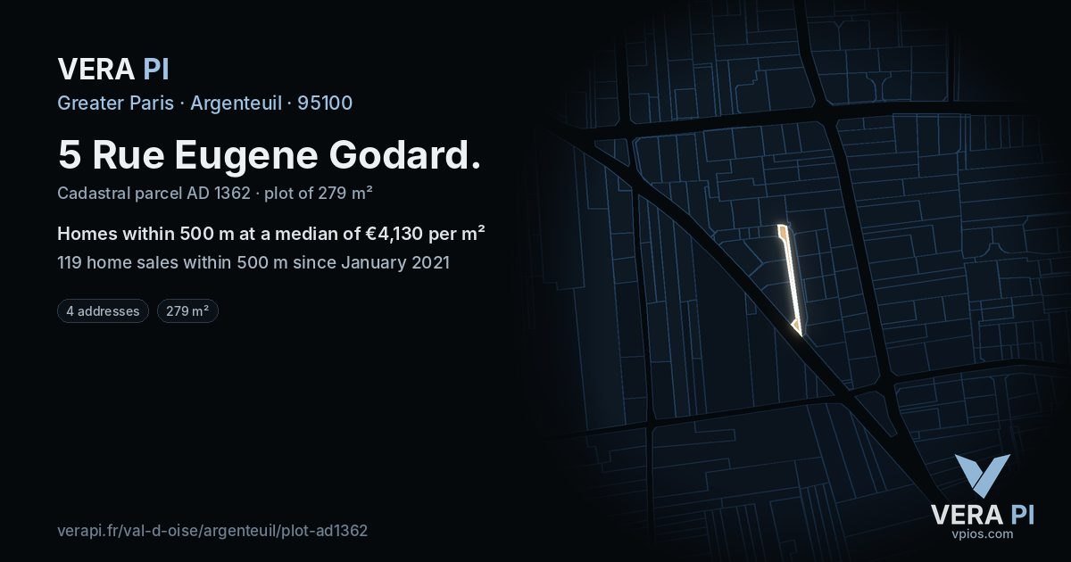 5 Rue Eugene Godard, Argenteuil at night – the plot lit, the parcels around coloured by the prices near them