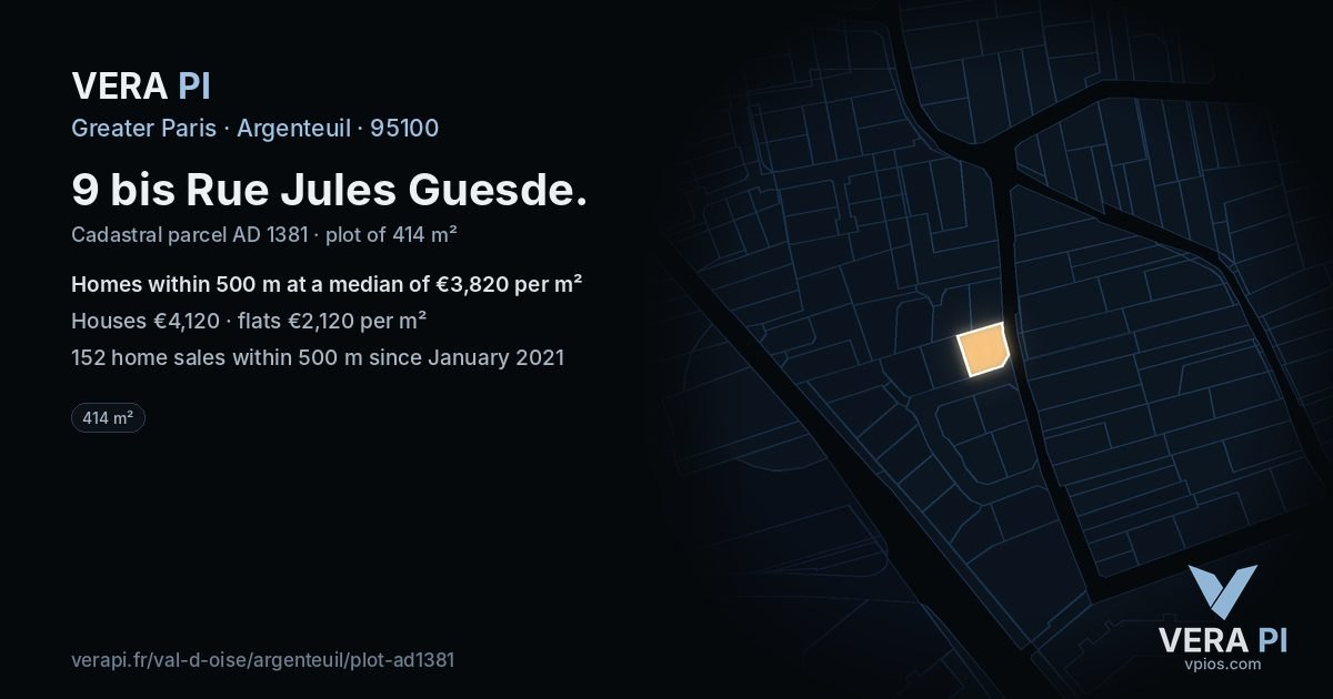 9 bis Rue Jules Guesde, Argenteuil at night – the plot lit, the parcels around coloured by the prices near them