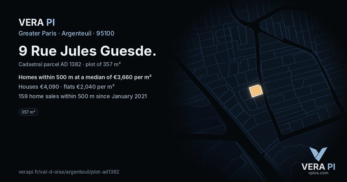 9 Rue Jules Guesde, Argenteuil at night – the plot lit, the parcels around coloured by the prices near them