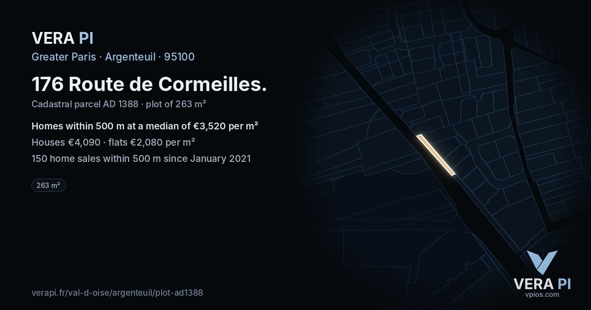 176 Route de Cormeilles, Argenteuil at night – the plot lit, the parcels around coloured by the prices near them