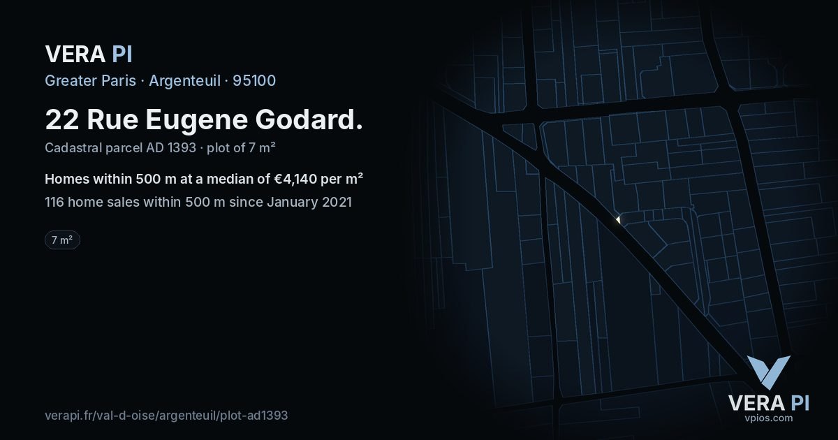 22 Rue Eugene Godard, Argenteuil at night – the plot lit, the parcels around coloured by the prices near them