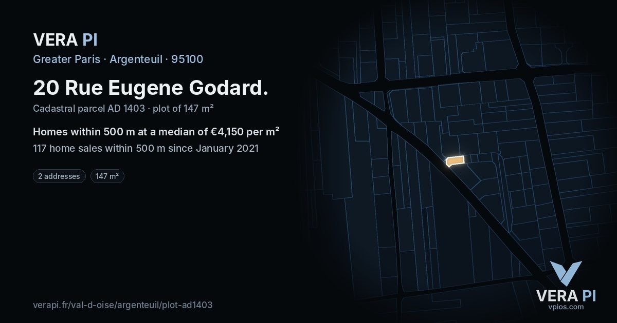 20 Rue Eugene Godard, Argenteuil at night – the plot lit, the parcels around coloured by the prices near them