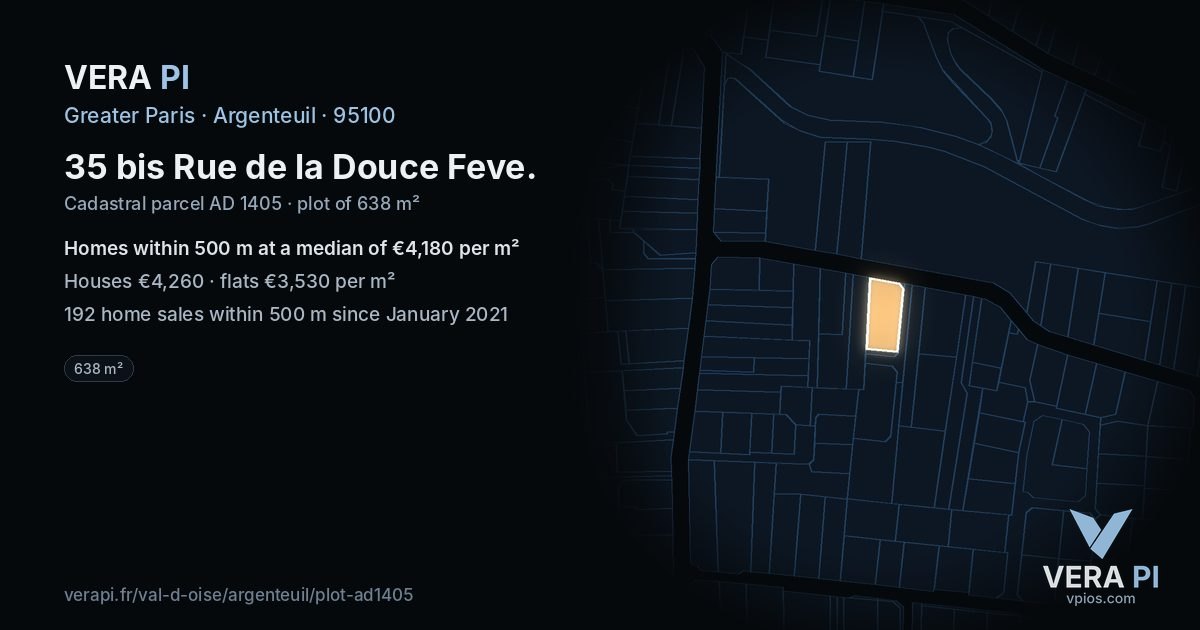 35 bis Rue de la Douce Feve, Argenteuil at night – the plot lit, the parcels around coloured by the prices near them