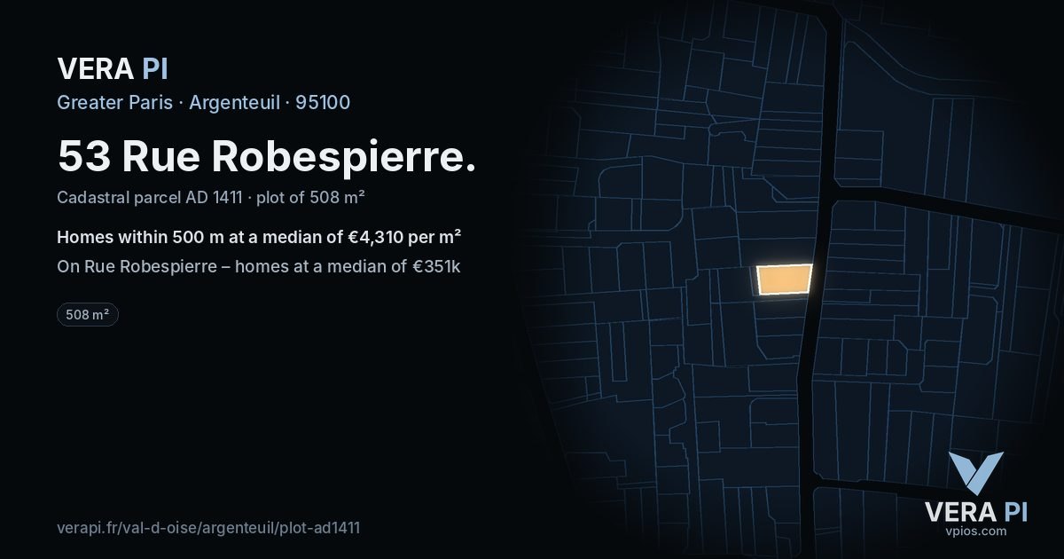 53 Rue Robespierre, Argenteuil at night – the plot lit, the parcels around coloured by the prices near them