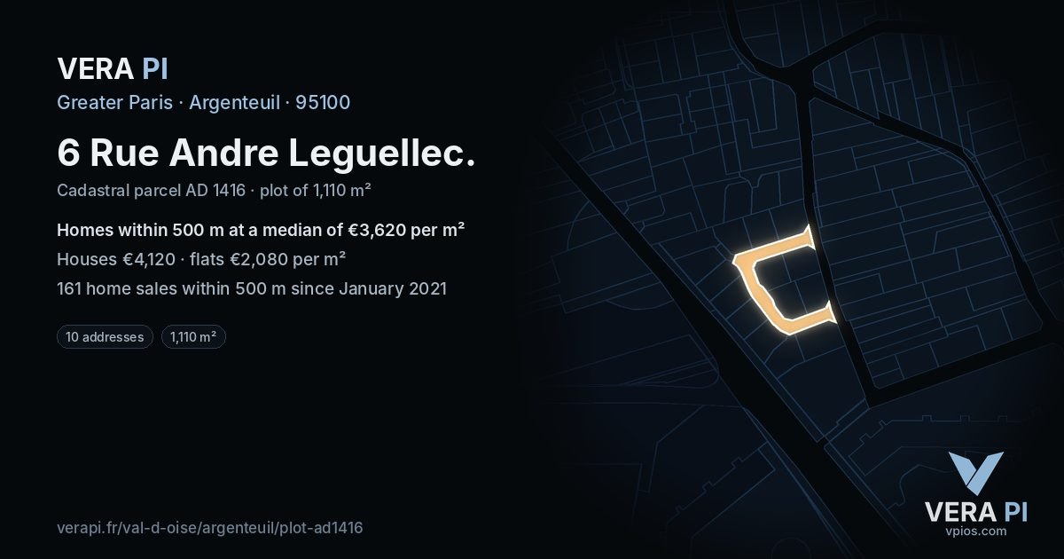 6 Rue Andre Leguellec, Argenteuil at night – the plot lit, the parcels around coloured by the prices near them