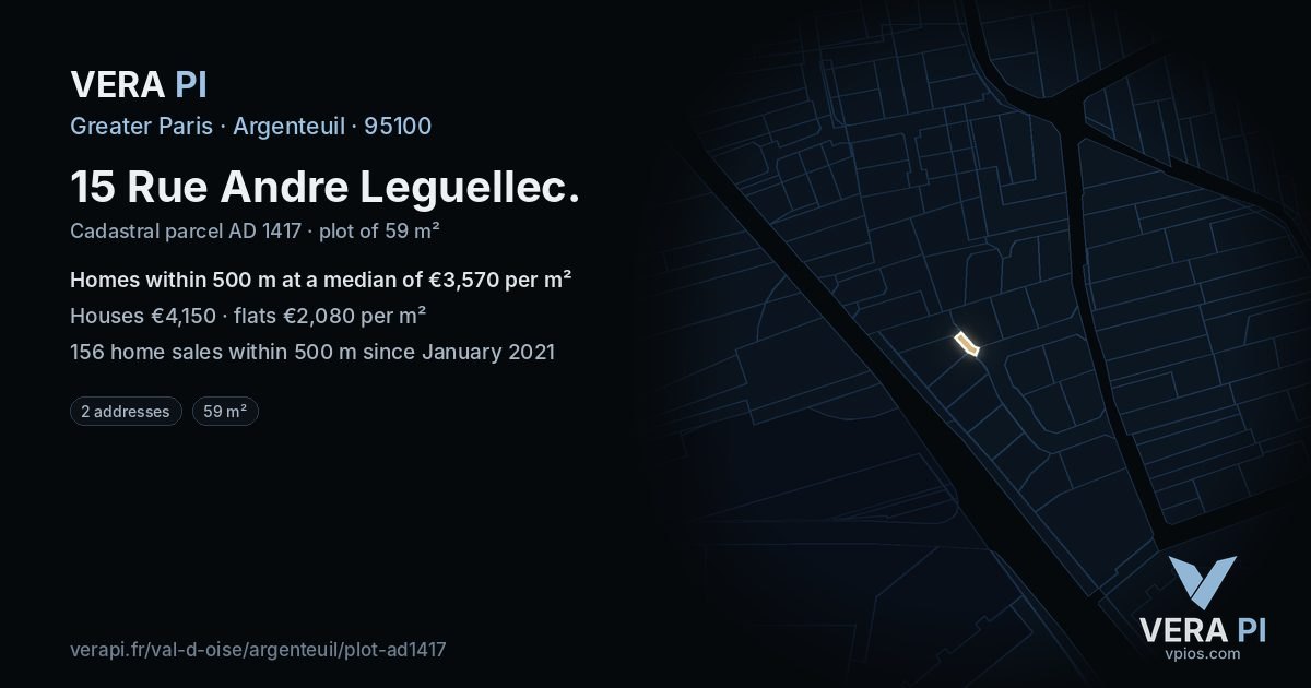 15 Rue Andre Leguellec, Argenteuil at night – the plot lit, the parcels around coloured by the prices near them