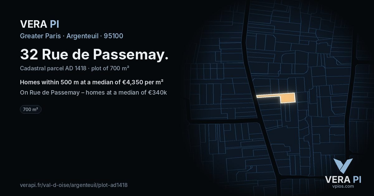 32 Rue de Passemay, Argenteuil at night – the plot lit, the parcels around coloured by the prices near them