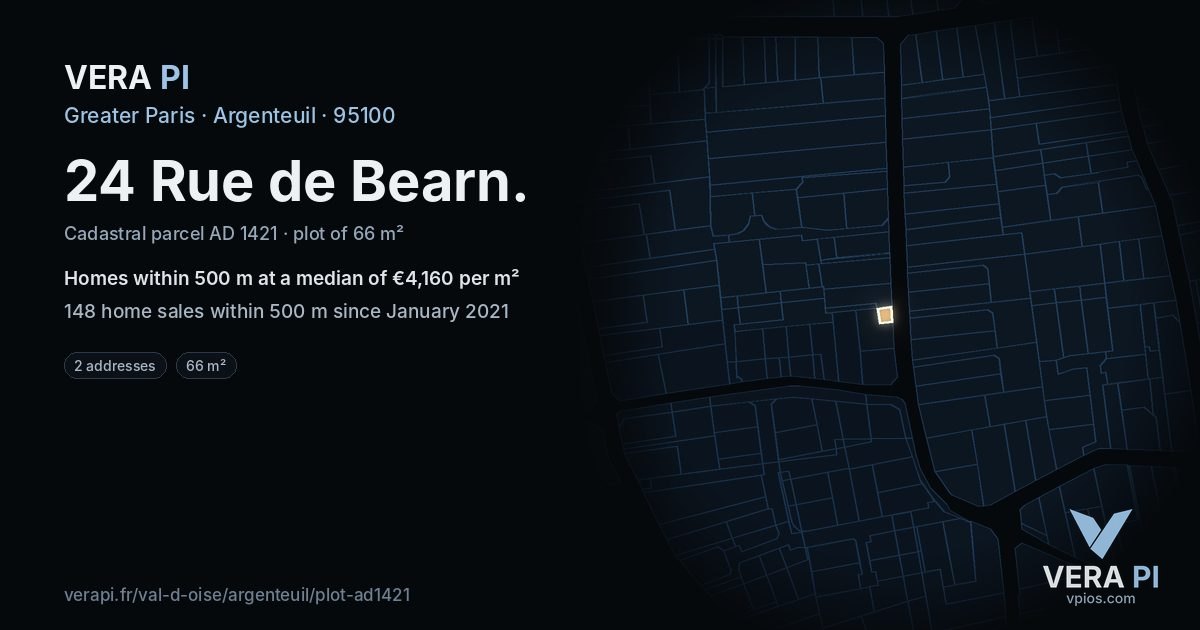 24 Rue de Bearn, Argenteuil at night – the plot lit, the parcels around coloured by the prices near them