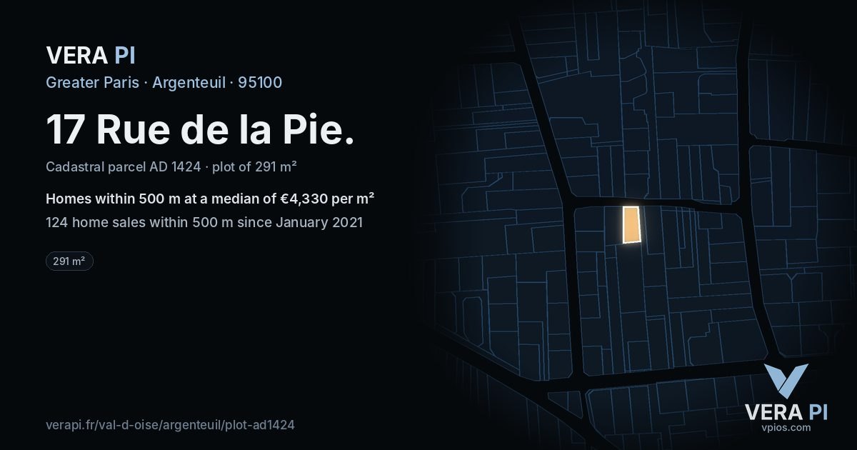 17 Rue de la Pie, Argenteuil at night – the plot lit, the parcels around coloured by the prices near them