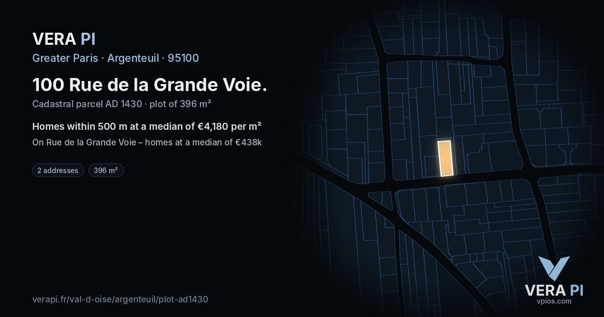 100 Rue de la Grande Voie, Argenteuil at night – the plot lit, the parcels around coloured by the prices near them