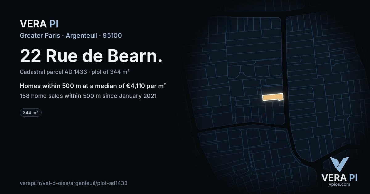 22 Rue de Bearn, Argenteuil at night – the plot lit, the parcels around coloured by the prices near them