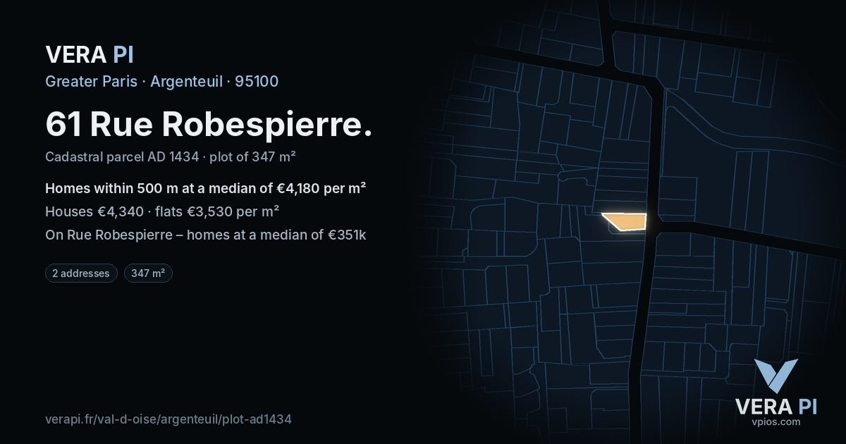 61 Rue Robespierre, Argenteuil at night – the plot lit, the parcels around coloured by the prices near them