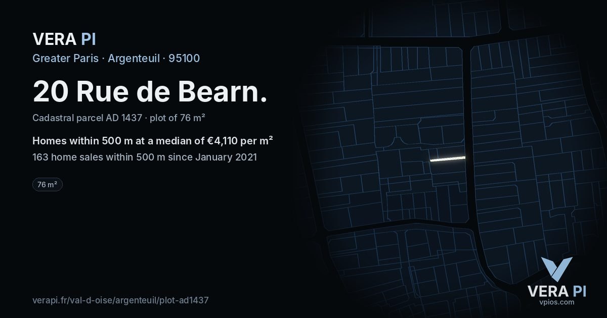 20 Rue de Bearn, Argenteuil at night – the plot lit, the parcels around coloured by the prices near them