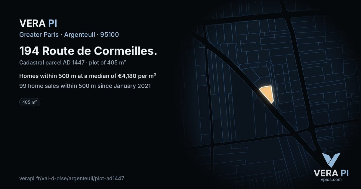 194 Route de Cormeilles, Argenteuil at night – the plot lit, the parcels around coloured by the prices near them