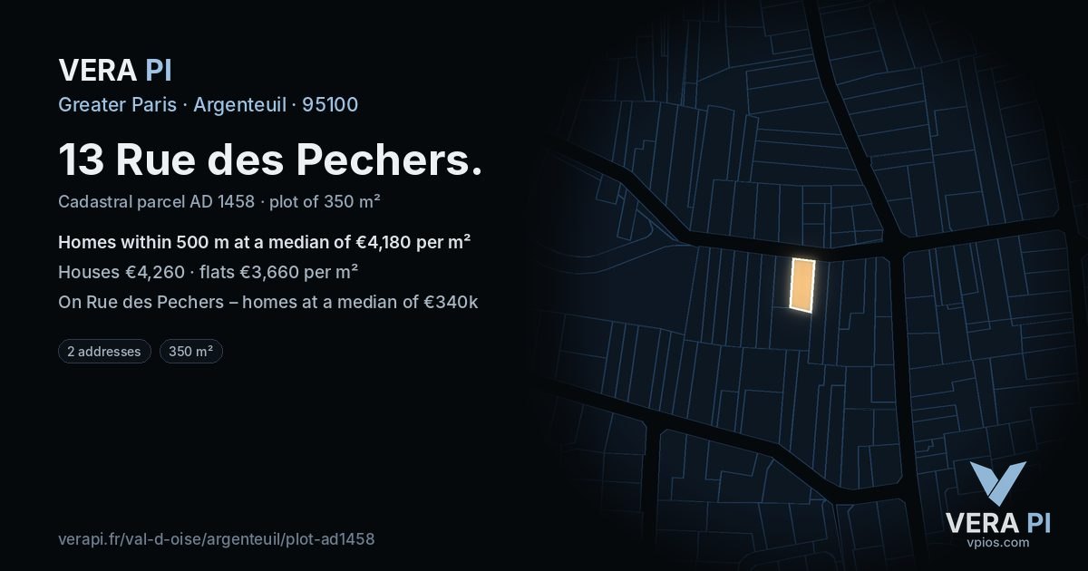 13 Rue des Pechers, Argenteuil at night – the plot lit, the parcels around coloured by the prices near them