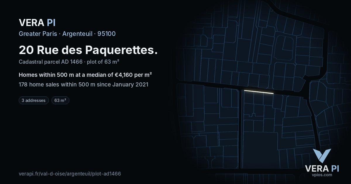 20 Rue des Paquerettes, Argenteuil at night – the plot lit, the parcels around coloured by the prices near them