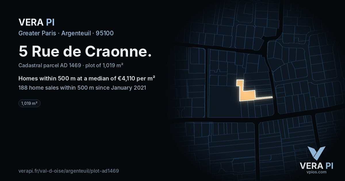 5 Rue de Craonne, Argenteuil at night – the plot lit, the parcels around coloured by the prices near them