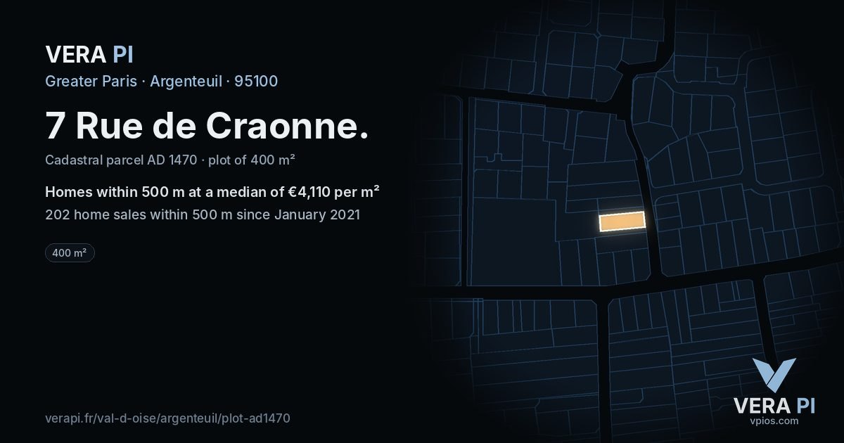 7 Rue de Craonne, Argenteuil at night – the plot lit, the parcels around coloured by the prices near them