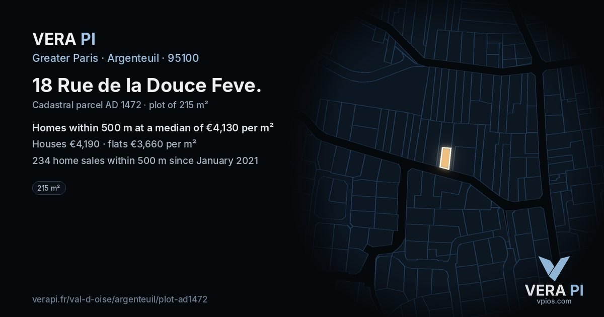 18 Rue de la Douce Feve, Argenteuil at night – the plot lit, the parcels around coloured by the prices near them
