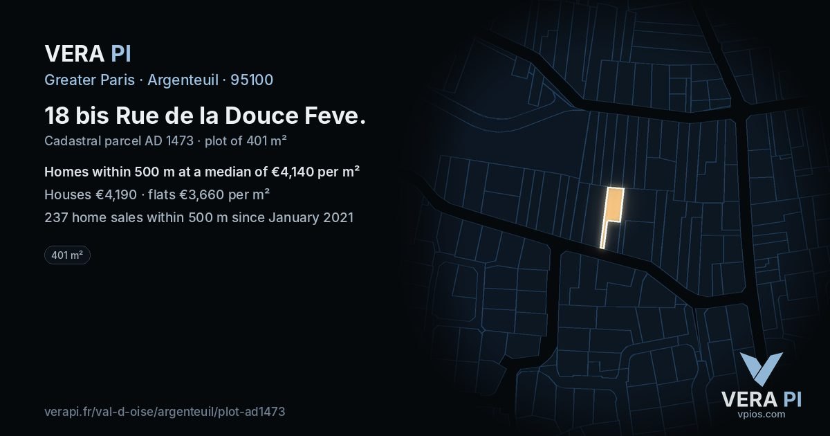 18 bis Rue de la Douce Feve, Argenteuil at night – the plot lit, the parcels around coloured by the prices near them