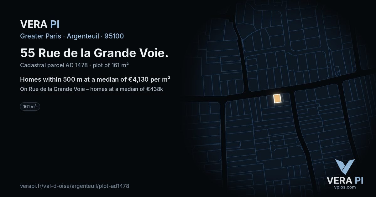 55 Rue de la Grande Voie, Argenteuil at night – the plot lit, the parcels around coloured by the prices near them