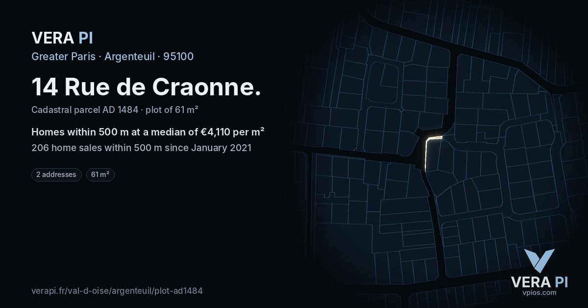 14 Rue de Craonne, Argenteuil at night – the plot lit, the parcels around coloured by the prices near them