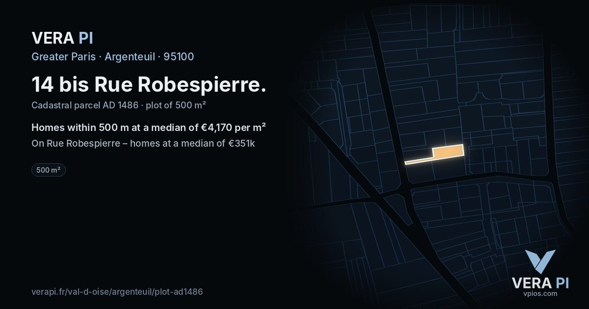 14 bis Rue Robespierre, Argenteuil at night – the plot lit, the parcels around coloured by the prices near them
