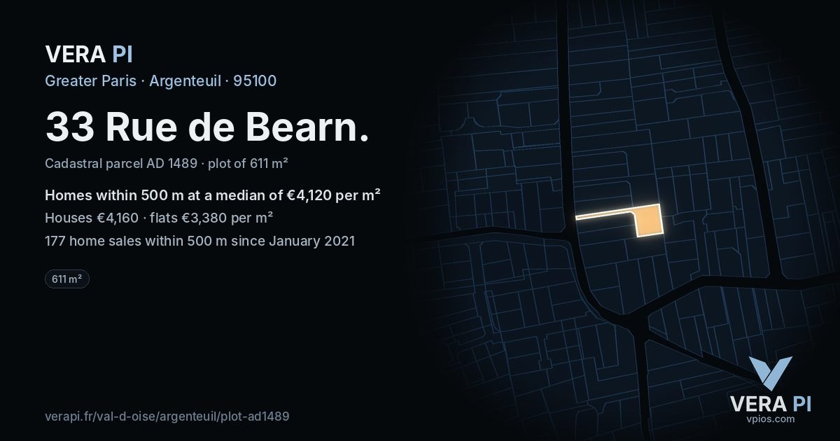 33 Rue de Bearn, Argenteuil at night – the plot lit, the parcels around coloured by the prices near them