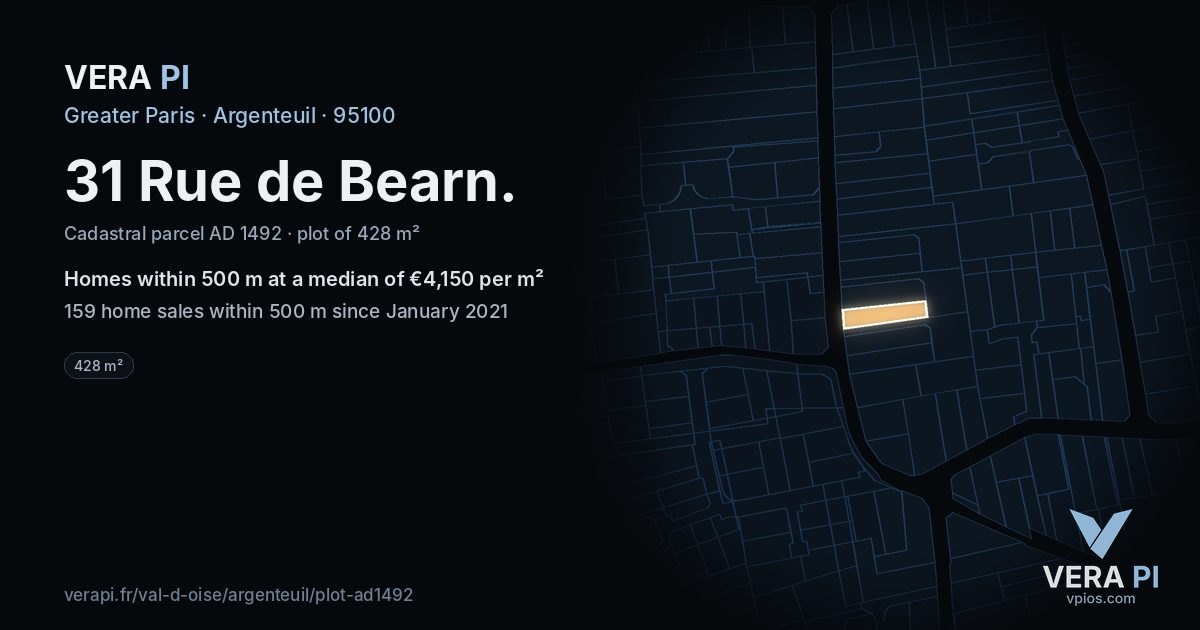 31 Rue de Bearn, Argenteuil at night – the plot lit, the parcels around coloured by the prices near them