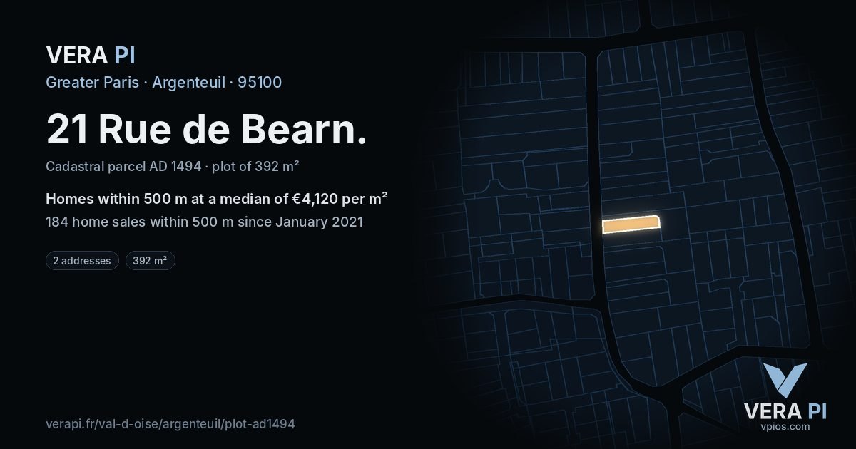21 Rue de Bearn, Argenteuil at night – the plot lit, the parcels around coloured by the prices near them