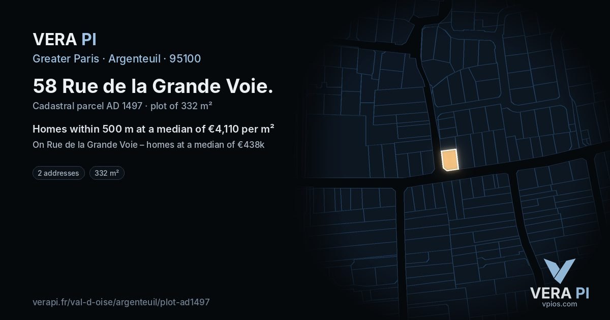 58 Rue de la Grande Voie, Argenteuil at night – the plot lit, the parcels around coloured by the prices near them