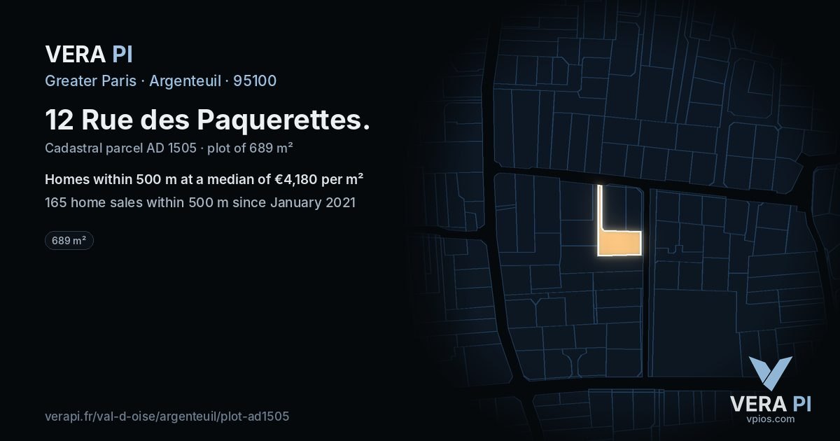 12 Rue des Paquerettes, Argenteuil at night – the plot lit, the parcels around coloured by the prices near them