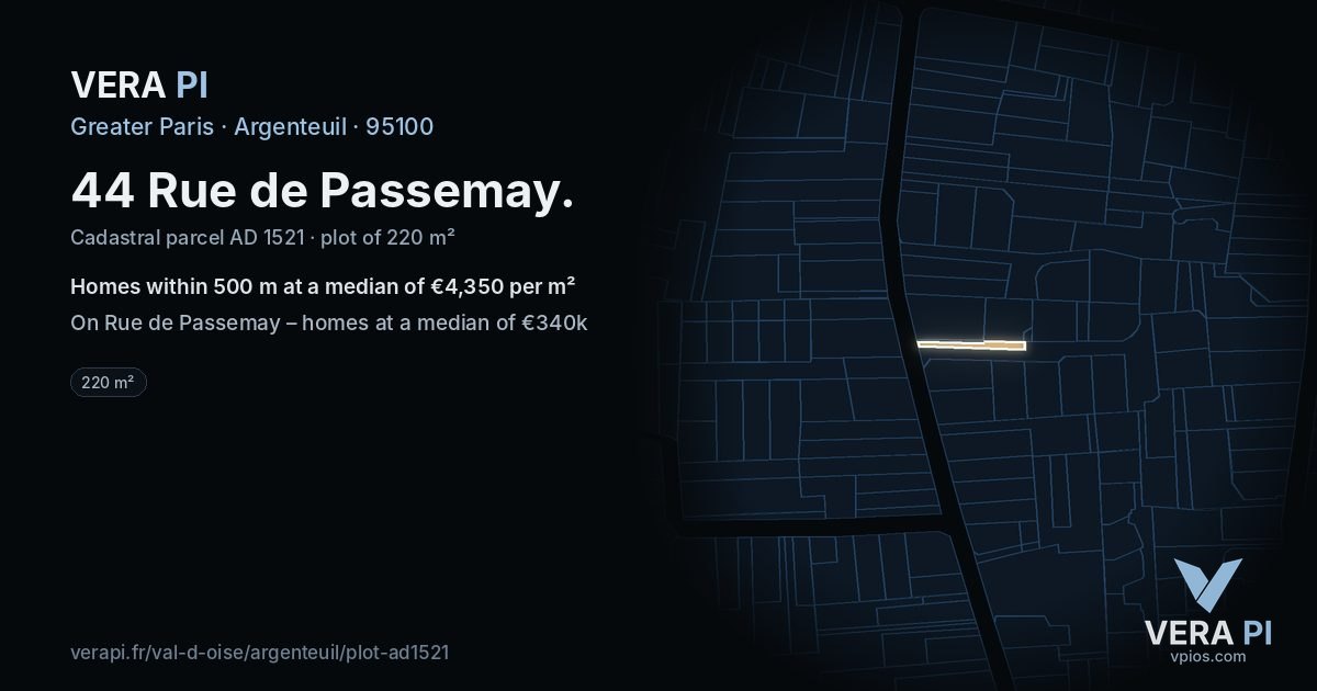 44 Rue de Passemay, Argenteuil at night – the plot lit, the parcels around coloured by the prices near them