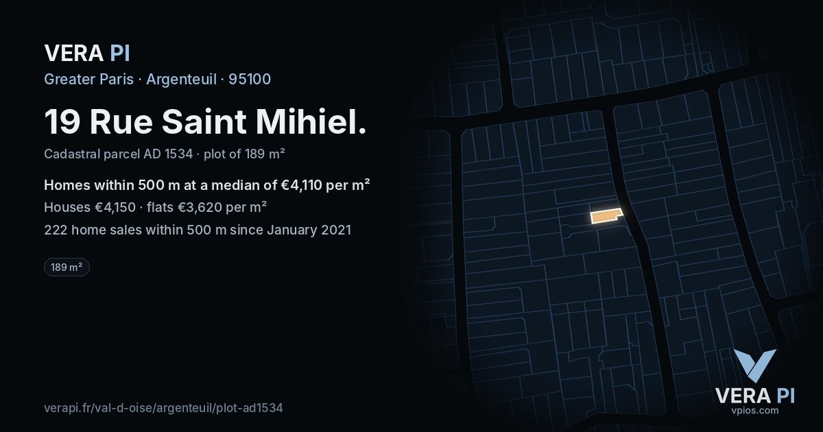 19 Rue Saint Mihiel, Argenteuil at night – the plot lit, the parcels around coloured by the prices near them
